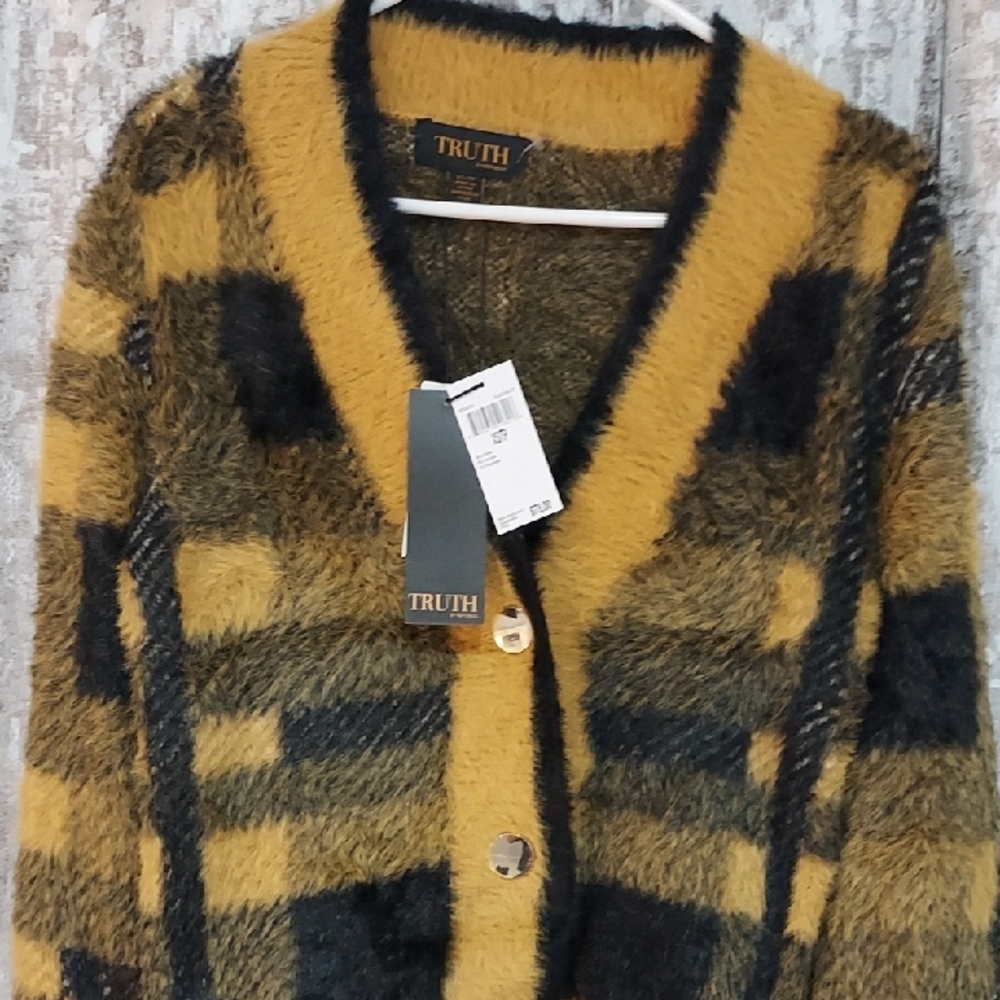 Truth Mustard and Black Fuzzy Cardigan
